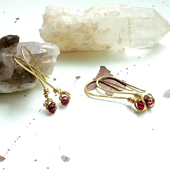 Hammered Dainty Ruby Red Glass Beaded Dangle Earrings, 1.5" - Picture 3 of 7